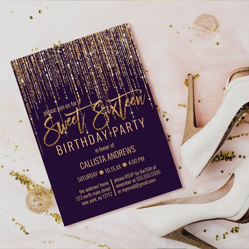 Plum Purple Gold Glitter Fringe Curtain Sweet 16 Invitation