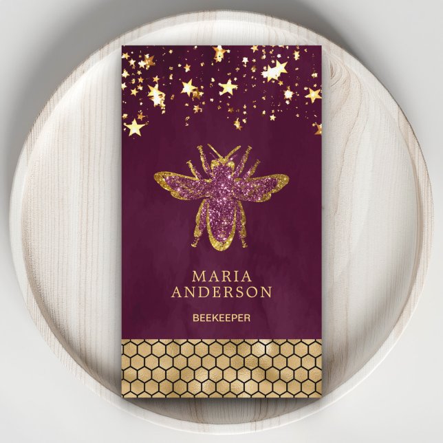Plum Purple Gold Glitter Honey Bee Beekeeper Business Card (Creator Uploaded)