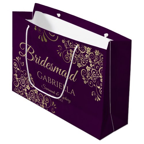 Plum Purple  Gold Lace Elegant Bridesmaid Large Gift Bag