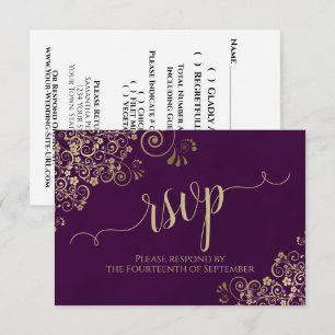 Plum Purple Gold Lace Elegant Calligraphy Wedding RSVP Card