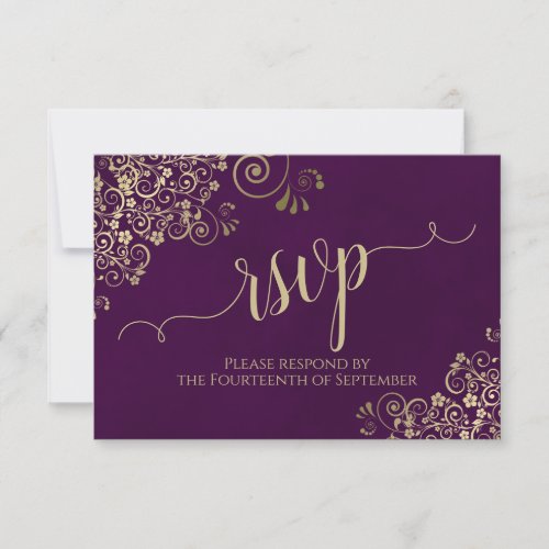 Plum Purple Gold Lace Elegant Calligraphy Wedding RSVP Card