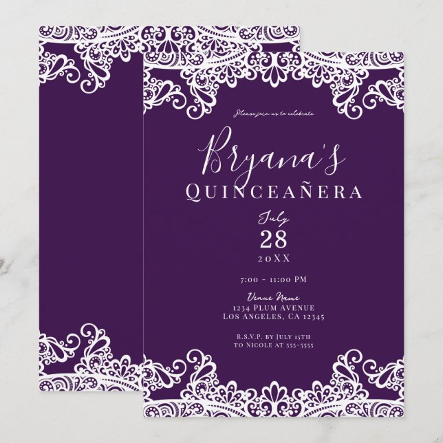 Plum Purple Gold Lace Elegant Quinceañera Party   Invitation (Front/Back)