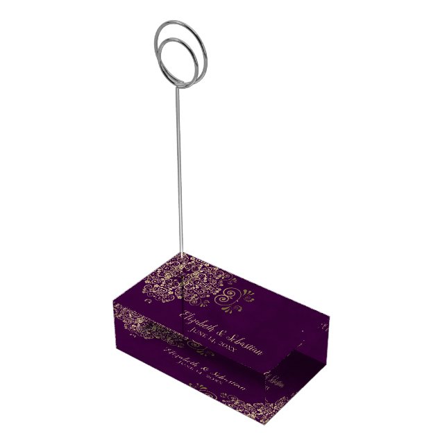 Plum Purple & Gold Lace Elegant Wedding Place Card Holder (Corner)