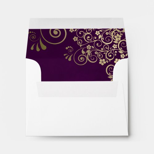 Plum Purple  Gold Lace Inside White Wedding RSVP Envelope