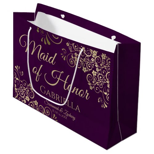 Plum Purple  Gold Lace Maid of Honor Wedding Large Gift Bag
