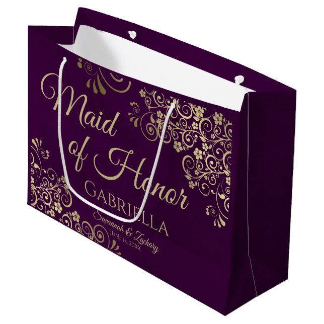 Plum Purple & Gold Lace Maid of Honor Wedding Large Gift Bag (Front Angled)