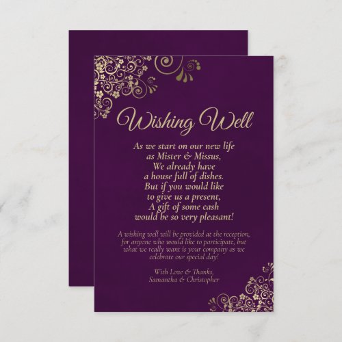 Plum Purple  Gold Lace Wedding Wishing Well Poem Enclosure Card
