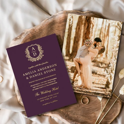 Plum Purple Gold Leafy Crest Photo Wedding Foil Invitation