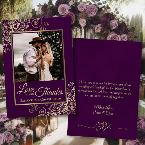 Plum Purple  Gold Love Thanks Note Wedding Photo Thank You Card