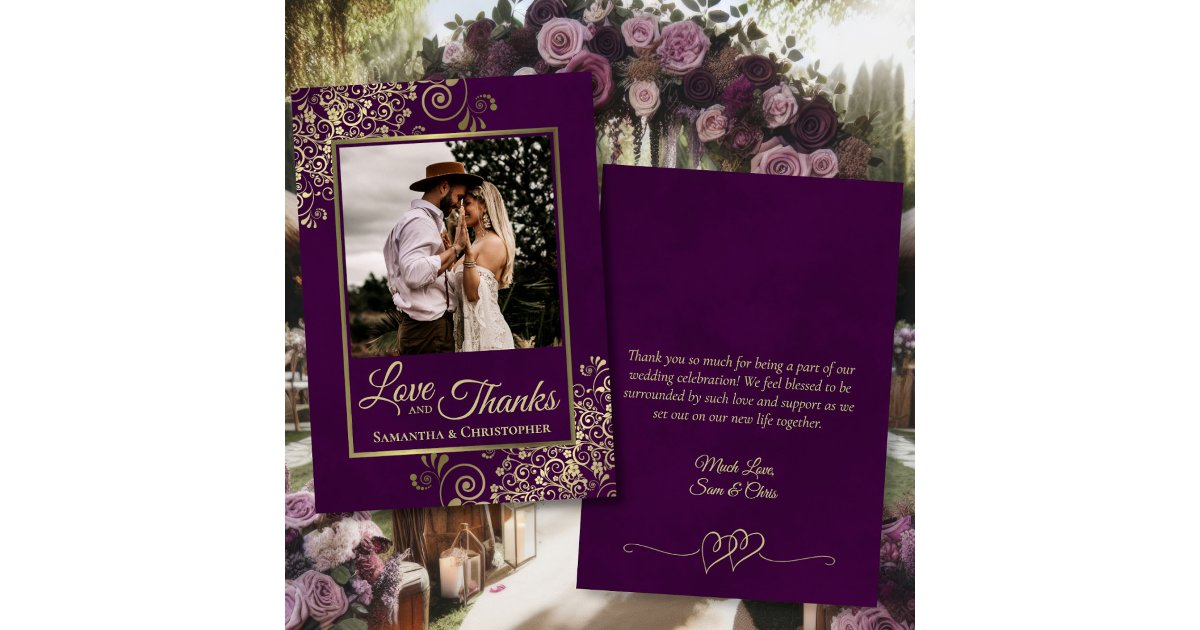 Plum Purple & Gold Love Thanks Note Wedding Photo Thank You Card | Zazzle