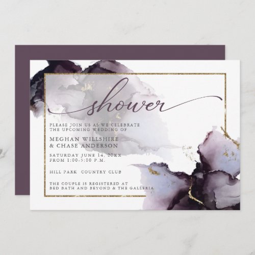 Plum Purple Gold Marble  Abstract Watercolor Invitation