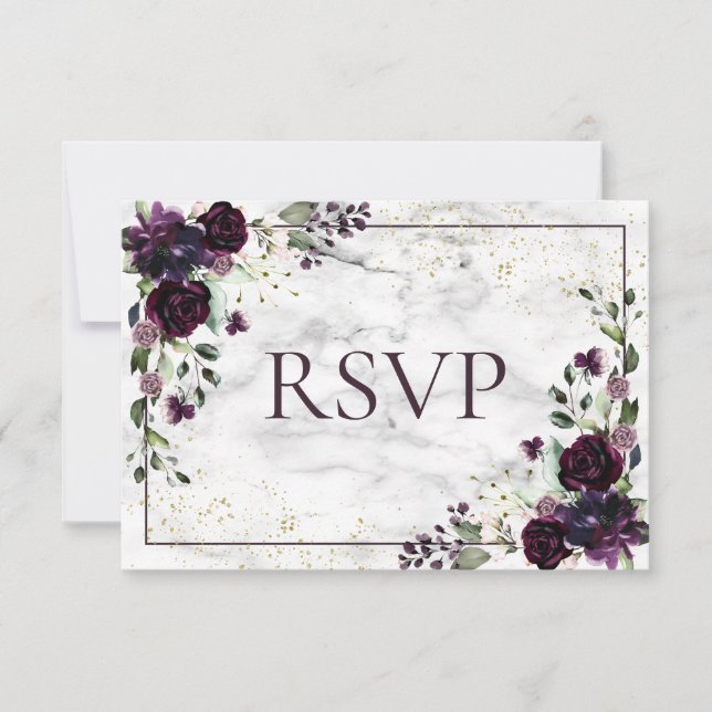 Plum Purple Gold Marble Fall No Food Wedding RSVP Card (Front)