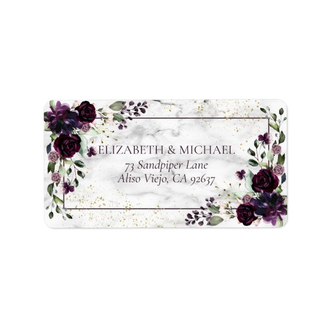 Plum Purple Gold Marble Fall Wedding Address Label (Front)