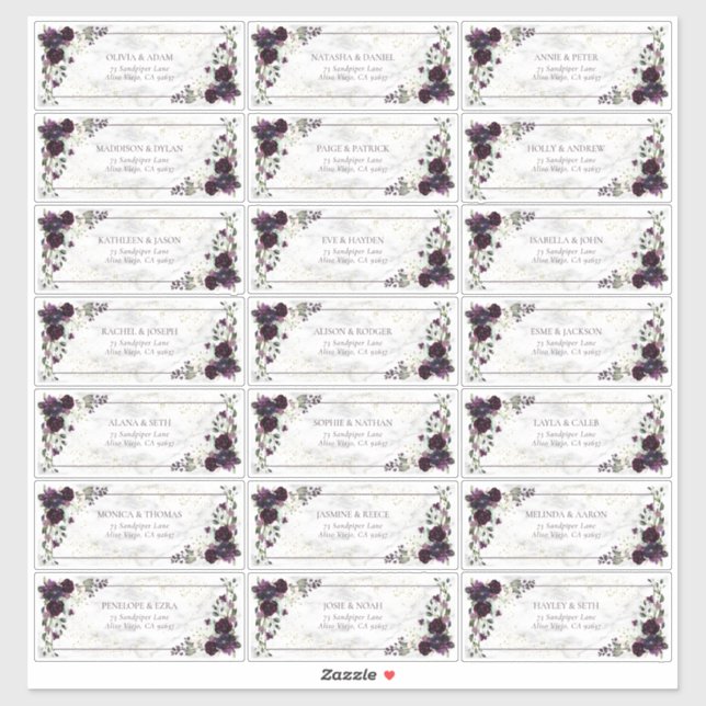 Plum Purple Gold Marble Fall Wedding Guest Address Sticker (Sheet)
