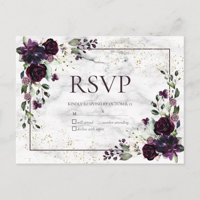 Plum Purple Gold Marble Fall Wedding No Menu RSVP (Front)