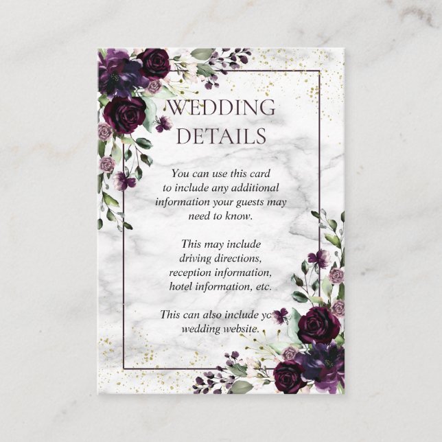 Plum Purple Gold Marble Floral Wedding Details Enclosure Card (Front)