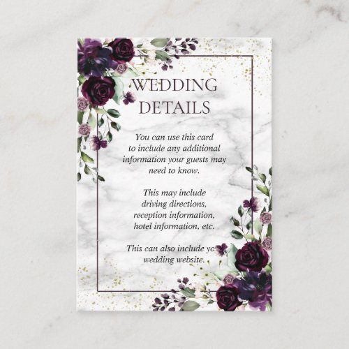 Plum Purple Gold Marble Floral Wedding Details Enclosure Card