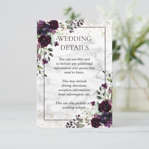 Plum Purple Gold Marble Floral Wedding Details Enclosure Card