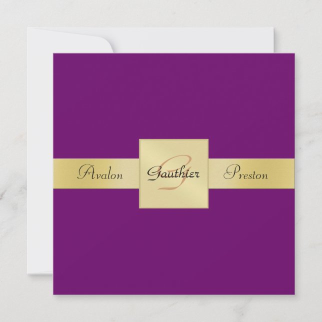 Plum Purple Gold Metal Monogram Formal Invitation (Front)