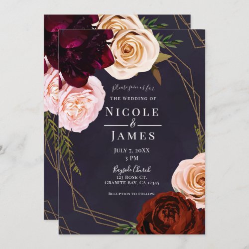 Plum Purple  Gold Modern Rustic Floral Wedding Invitation