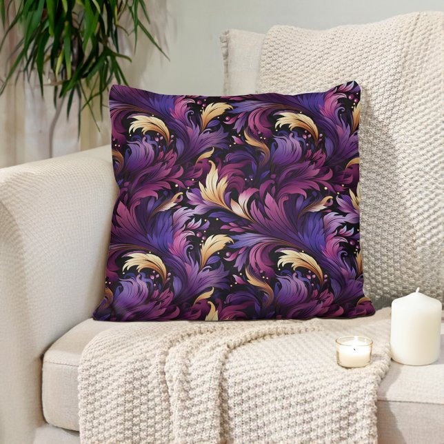 Plum Purple Gold Ornate Baroque  Throw Pillow (Deep plum purple and gold baroque-style luxury decorator pillow)