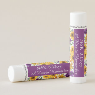 Plum Purple, Gold Sunflowers Personalized Wedding Lip Balm