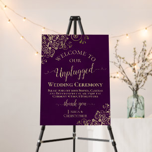 Plum Purple & Gold Unplugged Wedding Ceremony Foam Board