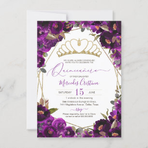 Plum Purple Gold Watercolor Floral Quinceañera Inv Invitation