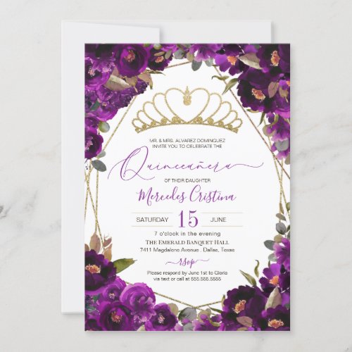 Plum Purple Gold Watercolor Floral Quinceaera Invitation