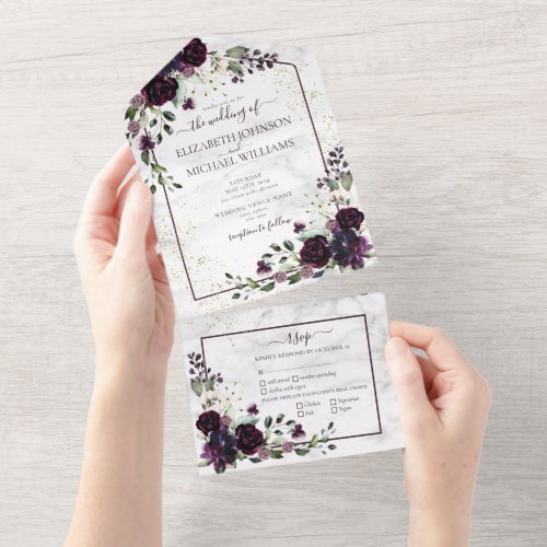 Plum Purple Gold Watercolor Marble Fall Wedding All In One Invitation