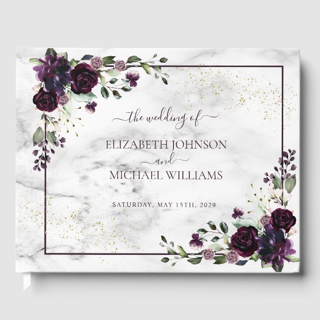 Plum Purple Gold Watercolor Marble Fall Wedding Guest Book (Front)