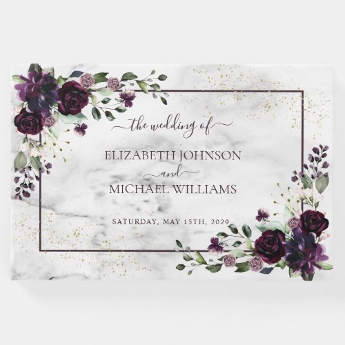 Plum Purple Gold Watercolor Marble Fall Wedding Guest Book