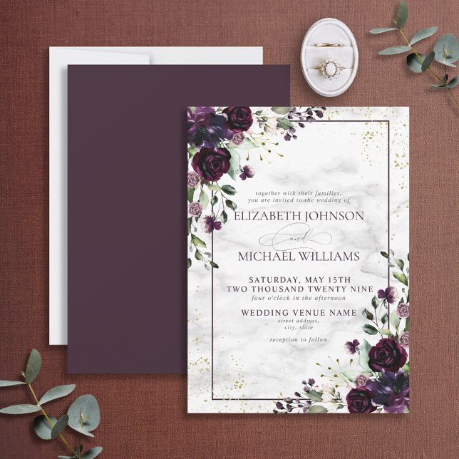 Plum Purple Gold Watercolor Marble Fall Wedding In Invitation (Creator Uploaded)
