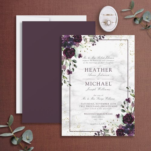 Plum Purple Gold Watercolor Marble Fall Wedding In Invitation