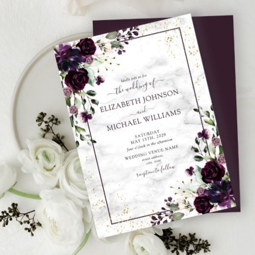 Plum Purple Gold Watercolor Marble Fall Wedding Invitation