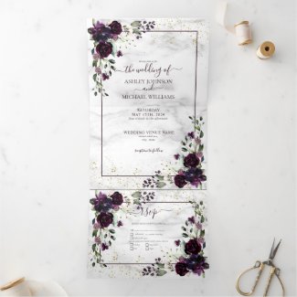 Purple plum and silver all in one wedding invitation template, tri-fold