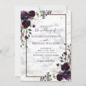 Plum Purple Gold Watercolor Marble Photo Wedding Invitation (Front)
