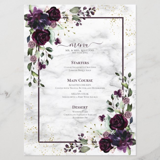 Plum Purple Gold Watercolor Marble Wedding Menu