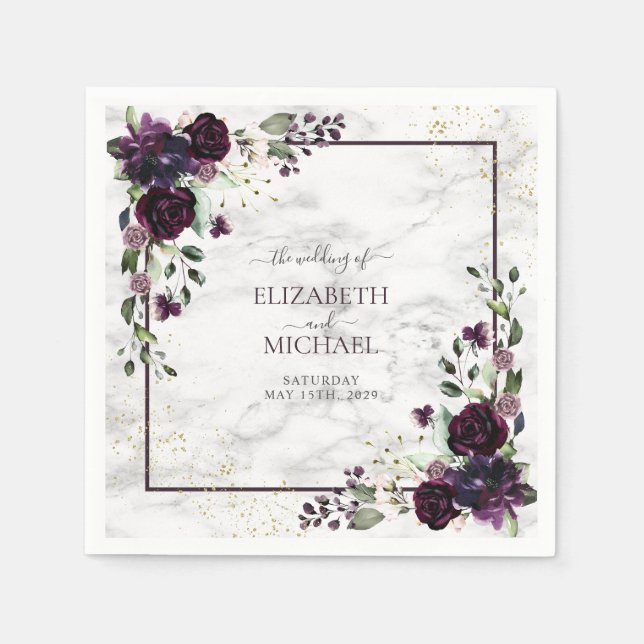 Plum Purple Gold Watercolor Marble Wedding Napkins (Front)