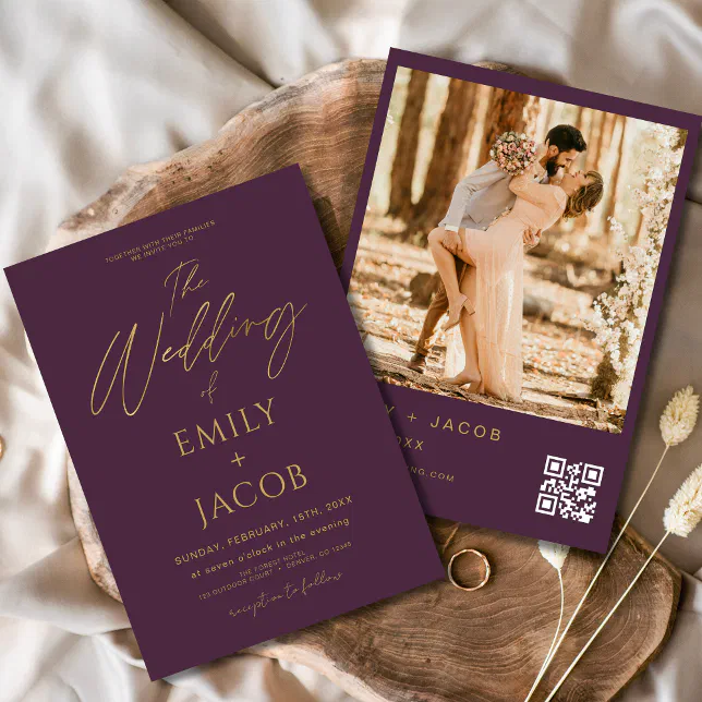 Plum Purple Gold Wedding QR Code Photo Script Invitation | Zazzle