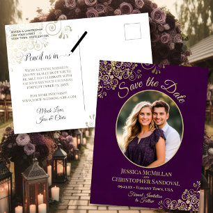 Plum Purple Gold Wedding Save the Date Oval Photo Announcement Postcard