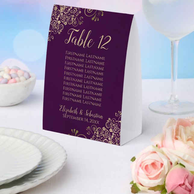 Plum Purple & Gold Wedding Table Number & Names Paper Table Tent (Insitu(Wedding))