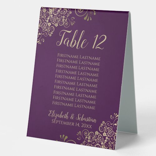 Plum Purple  Gold Wedding Table Number  Names Table Tent Sign
