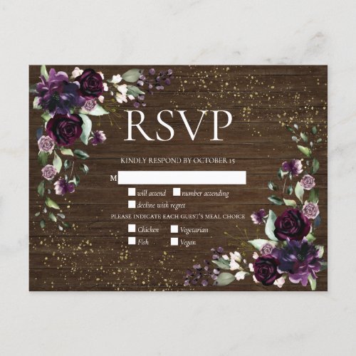 Plum Purple Gold Wood Fall Wedding RSVP Invitation