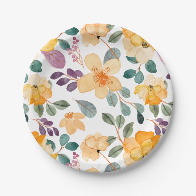 Plum Purple Golden Yellow Floral Paper Plates (Front)