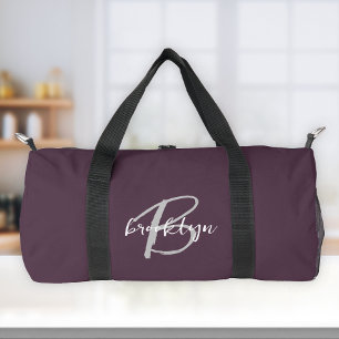 Plum Purple Gray White Script Monogram  Duffle Bag