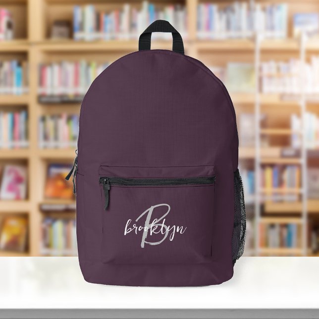 Plum Purple Gray White Script Monogram  Printed Backpack (Creator Uploaded)