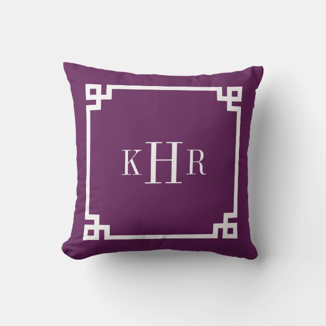 Plum Purple Greek Key Border Custom Monogram Throw Pillow (Front)