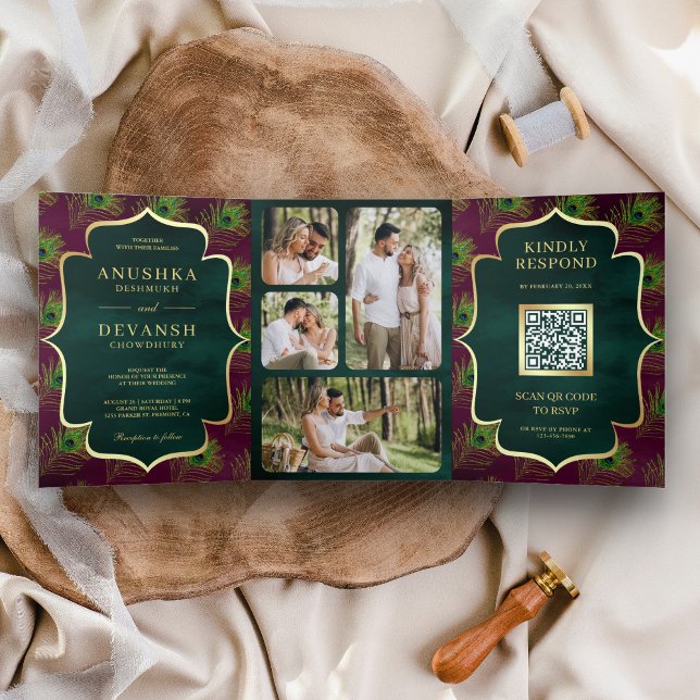 Plum Purple Green Peacock Feathers QR Code Wedding Tri-Fold Invitation (Creator Uploaded)