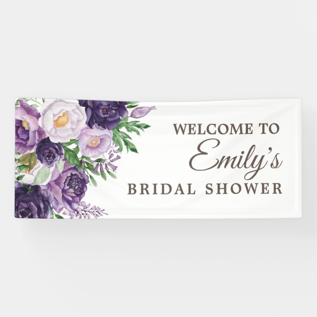 Plum Purple Greenery White Bridal Shower Banner (Horizontal)